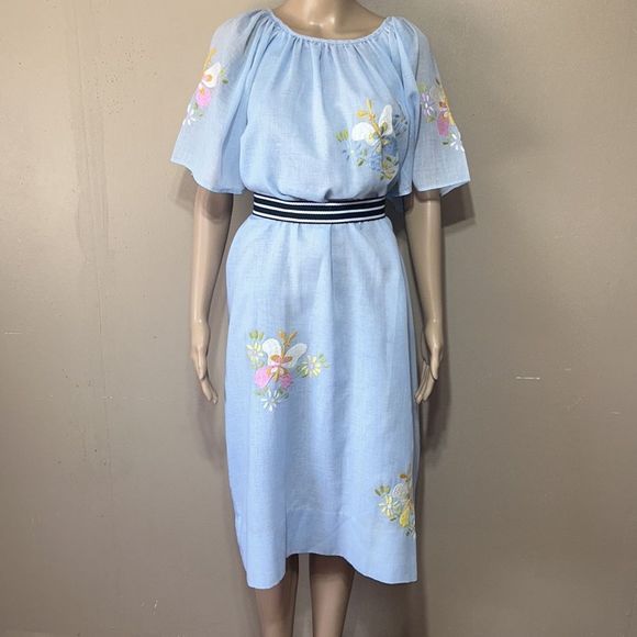 Vintage 40s 50s blue handcrafted embroidered linen Mexican shift dress mod sz XL - Picture 10 of 12
